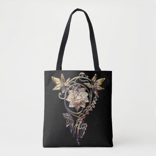 Tote Bag Bijou fleuri Art nouveau or victorien et noir (Devant)