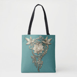 Tote Bag Bijou fleuri Art nouveau or victorien et turquoise