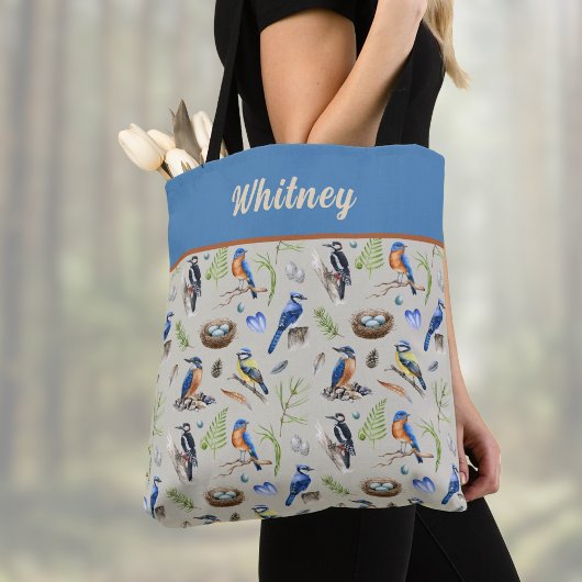 Tote Bag Bird Pattern Kingfisher, Blue Jay, Woodpecker Name