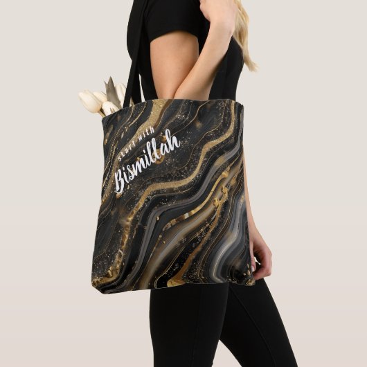 Tote Bag Bismillah Alhamdullilah Gold Black Agate (De près)