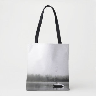 TOTE BAG BLACK AND WHITE BOAT ON LAKE