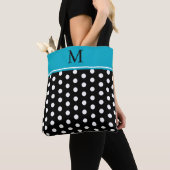 Tote Bag Black and White Polka Dot With Azure Blue Monogram (De près)