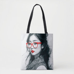 Tote Bag Black Blanc Asiatique Portrait Lèvres Rouges Et Ve