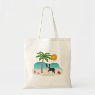 Tote Bag Black Boston Terrier À Une Plage Tropicale D'Été