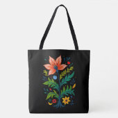 Tote Bag Black Canvas Folk Art Flower Tree Dark Boho (Devant)