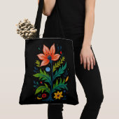 Tote Bag Black Canvas Folk Art Flower Tree Dark Boho (De près)