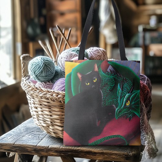 Tote Bag Black Cat Green Dragon