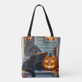 Tote Bag Black Cat Halloween Pumpkin Carving Party (Dos)