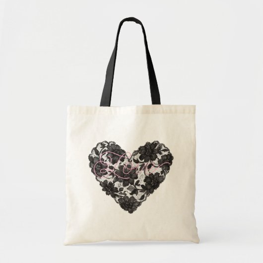 Tote Bag Black Faux Lace Heart Floral (Devant)