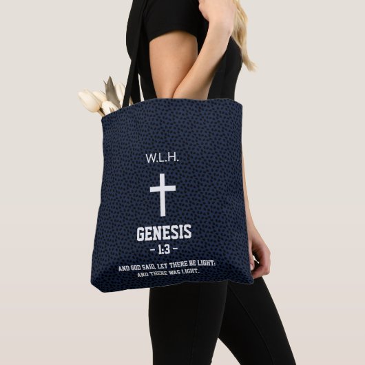 Tote Bag Black Flecks Pattern Bible Chapter Verse Christian (De près)