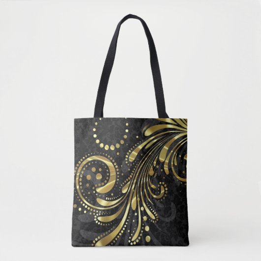 Tote Bag Black Floral Damask Et Gold Swirl (Devant)