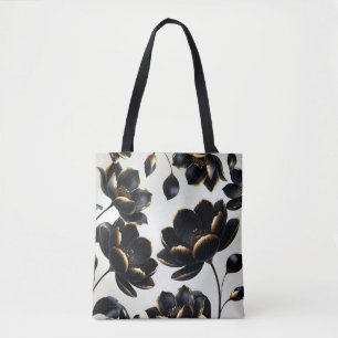 Tote Bag Black & Gold Floral Greige Elegant Dark Moody