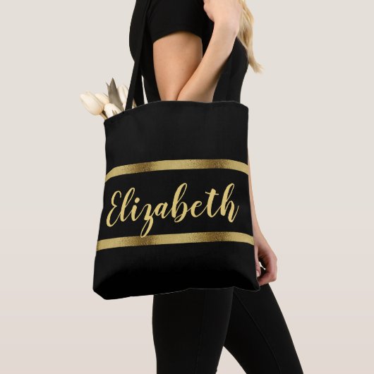 Tote Bag Black gold name script en gras (De près)