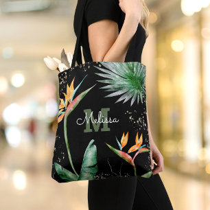 Tote Bag Black Gold Tropical Island Floral Monogramme Scrip
