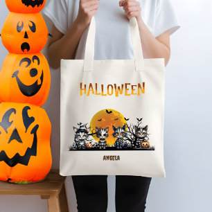 Tote Bag Black Halloween Cute Ghost Kittens Tricot ou trait