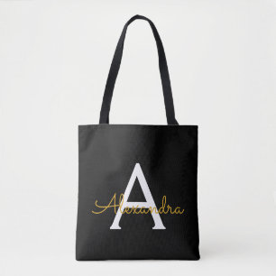 Tote Bag Black Name Gold Girl Script Monogramme moderne