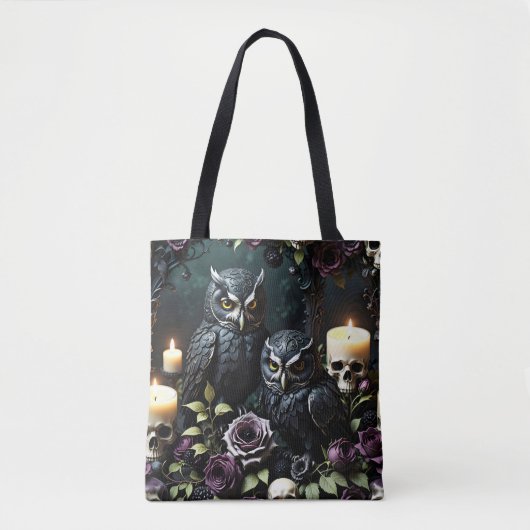 Tote Bag Black Owls Skull and Candles (Devant)