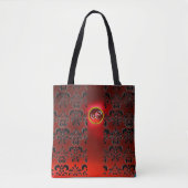 TOTE BAG BLACK RED DAMASK FLORAL, RUBY GEMSTONE MONOGRAM (Devant)
