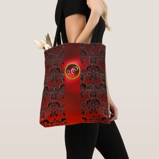 TOTE BAG BLACK RED DAMASK FLORAL, RUBY GEMSTONE MONOGRAM (De près)