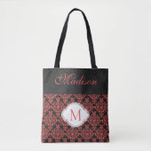 Tote Bag Black Red Damask Girly Tendance Monogramme initial (Devant)