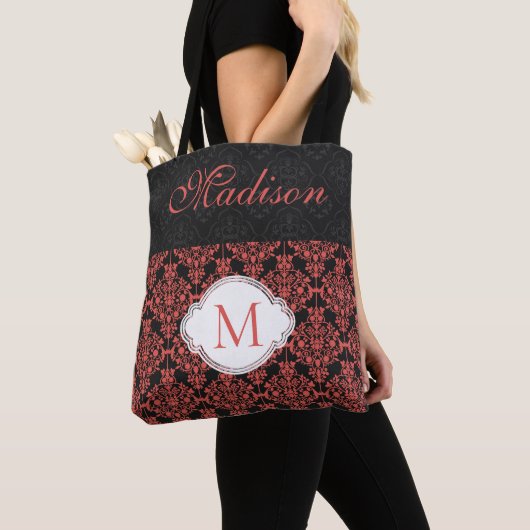 Tote Bag Black Red Damask Girly Tendance Monogramme initial (De près)