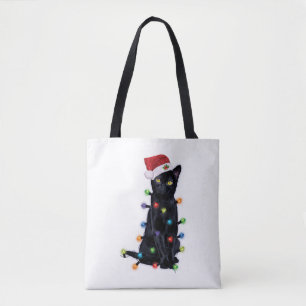 Tote Bag Black Santa Cat with christmas lights