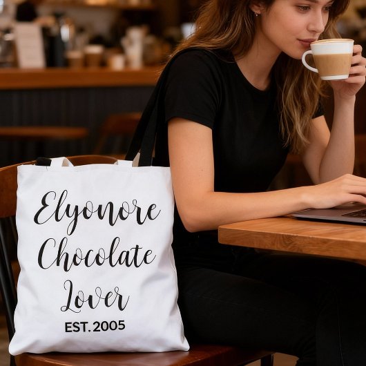 Tote Bag Black Script Name Established Chocolate Lover