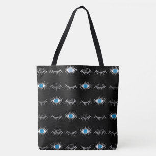 Tote Bag Black & Silver Blue Evil Eye Eyelashes Nazar Mati