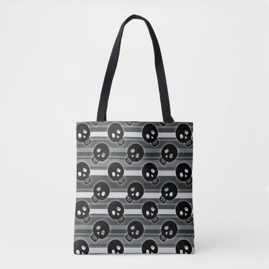 Tote Bag Black Skulls on Black White Stripe Pattern (Devant)