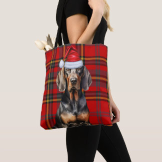 Tote Bag Black Tan Coonhound Christmas Dog Seasonal Plaid