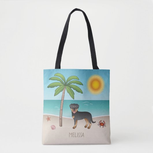 Tote Bag Black & Tan Rottweiler À Une Plage Tropicale D'Été (Devant)