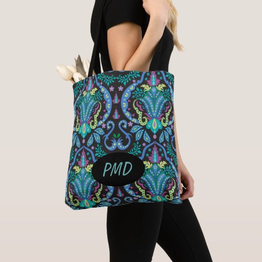 Tote Bag Black Turquoise Turquoise moderne Damask Floral Mo (De près)