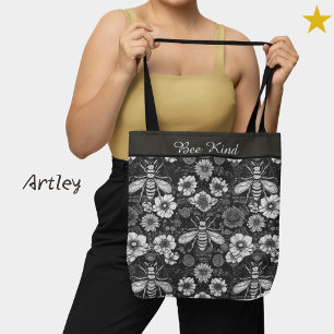 Tote Bag Black White Bees Floral Vintage Phrase personnalis