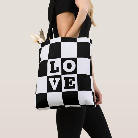 Tote Bag Black White Checker LOVE (De près)