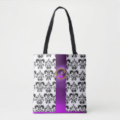 TOTE BAG BLACK WHITE DAMASK FLORAL, PURPLE GEM MONOGRAM (Devant)