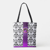 TOTE BAG BLACK WHITE DAMASK FLORAL, PURPLE GEM MONOGRAM (Dos)