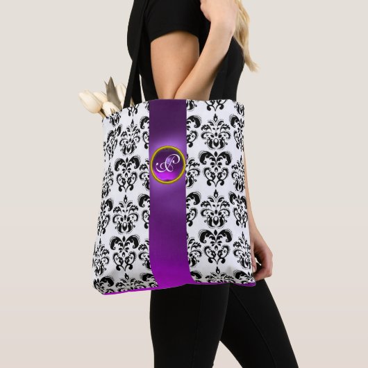 TOTE BAG BLACK WHITE DAMASK FLORAL, PURPLE GEM MONOGRAM (De près)