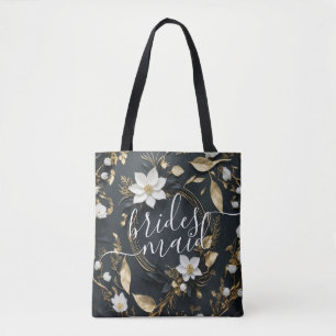 Tote Bag Black White Gold Floral Wreath Mariage Bridesmaier