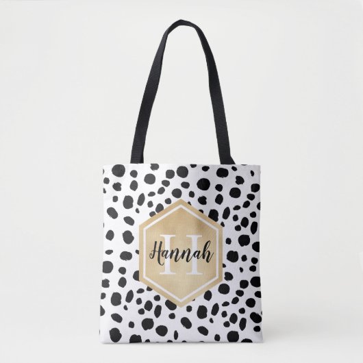 Tote Bag Black White Spots Motif Gold Monogramme (Devant)