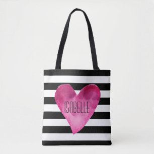 Tote Bag Black + White Stripes Aquarelle Rose Nom du coeur
