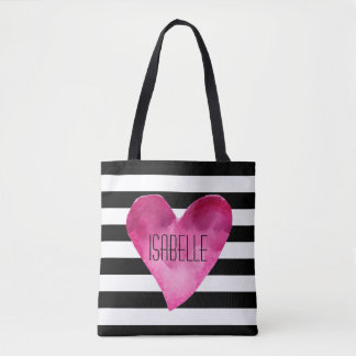 Tote Bag Black + White Stripes Aquarelle Rose Nom du coeur