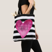 Tote Bag Black + White Stripes Aquarelle Rose Nom du coeur (De près)