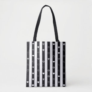Tote Bag Black White Stripes Moderne Motif de coeur