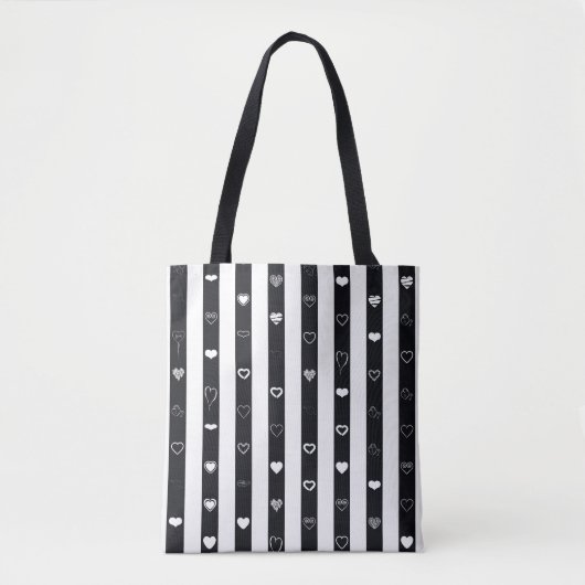 Tote Bag Black White Stripes Moderne Motif de coeur (Devant)