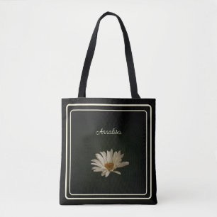 Tote Bag Blanc marguerite Carrés jaunes Personnalisé noir