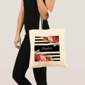 Tote Bag Blanc Noir Grille Moderne Floral Personnalisé (Devant (produit))
