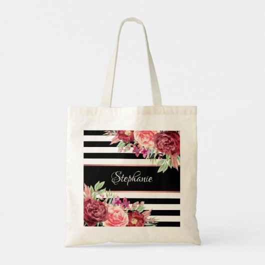 Tote Bag Blanc Noir Grille Moderne Floral Personnalisé (Dos)