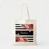 Tote Bag Blanc Noir Grille Moderne Floral Personnalisé (Devant)