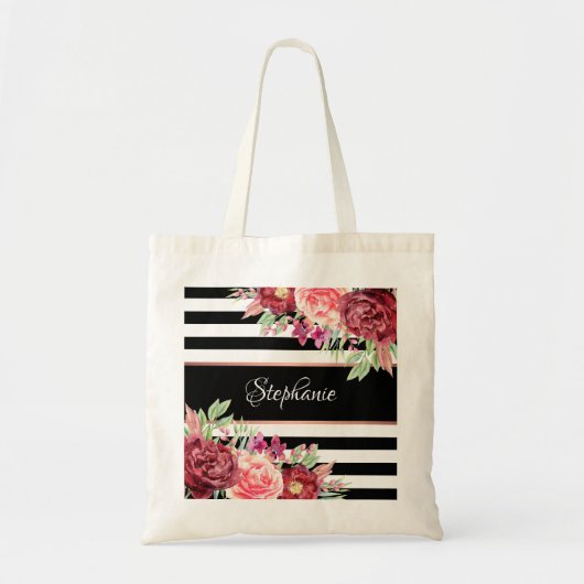 Tote Bag Blanc Noir Grille Moderne Floral Personnalisé (Devant)