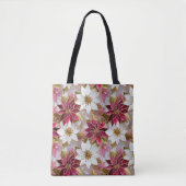 Tote Bag Blanc Or Bourgogne rose Poinsettias de Noël (Devant)